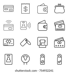 thin line icon set : card, receipt, wallet, purse, tap to pay, pass, credit, label, atm, identity, sheep, do not distrub, please clean