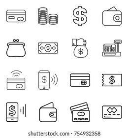 thin line icon set : card, coin stack, dollar, wallet, purse, money, gift, cashbox, tap to pay, phone, credit, receipt, mobile