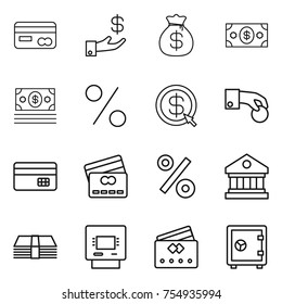 thin line icon set : card, investment, money bag, percent, dollar arrow, hand coin, credit, library, atm, safe