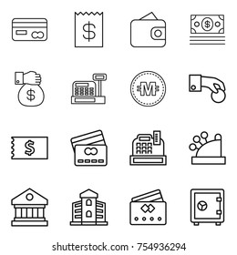 thin line icon set : card, receipt, wallet, money, gift, cashbox, crypto currency, hand coin, credit, library, building, safe