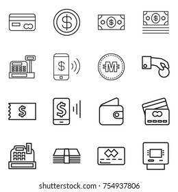 thin line icon set : card, dollar, money, cashbox, phone pay, crypto currency, hand coin, receipt, mobile, wallet, credit, atm