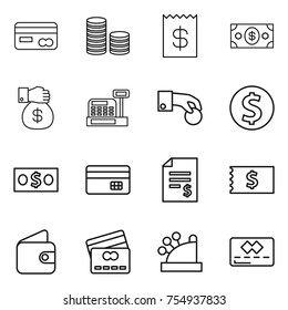 thin line icon set : card, coin stack, receipt, money, gift, cashbox, hand, dollar, credit, account balance, wallet