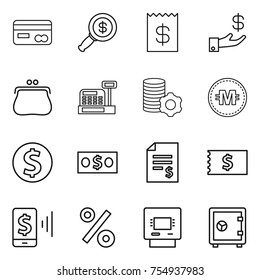 thin line icon set : card, dollar magnifier, receipt, investment, purse, cashbox, virtual mining, crypto currency, coin, money, account balance, mobile pay, percent, atm, safe