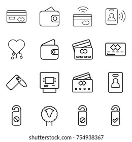 thin line icon set : card, wallet, tap to pay, pass, cardio chip, credit, label, atm, identity, do not distrub, sheep, please clean