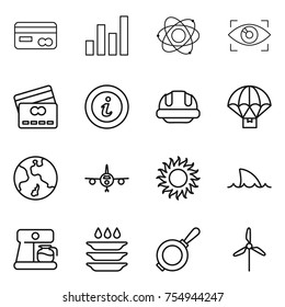 thin line icon set : card, graph, atom, eye identity, credit, info, building helmet, parachute delivery, earth, plane, sun, shark flipper, coffee maker, plate washing, pan, windmill