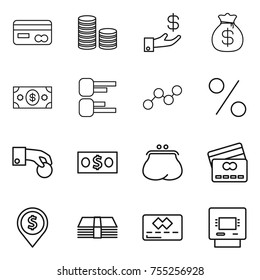 thin line icon set : card, coin stack, investment, money bag, diagram, graph, percent, hand, purse, credit, dollar pin, atm