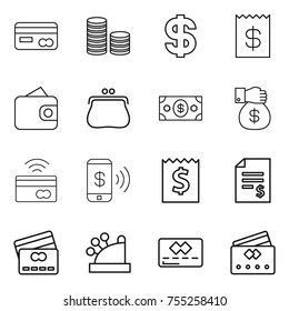 thin line icon set : card, coin stack, dollar, receipt, wallet, purse, money, gift, tap to pay, phone, account balance, credit, cashbox