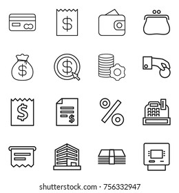 Thin line icon set : card, receipt, wallet, purse, money bag, dollar arrow, virtual mining, hand coin, account balance, percent, cashbox, atm, office