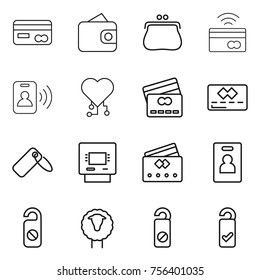 Thin line icon set : card, wallet, purse, tap to pay, pass, cardio chip, credit, label, atm, identity, do not distrub, sheep, please clean