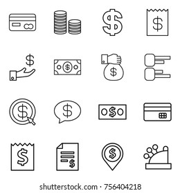 Thin line icon set : card, coin stack, dollar, receipt, investment, money, gift, diagram, arrow, message, credit, account balance, pin, cashbox