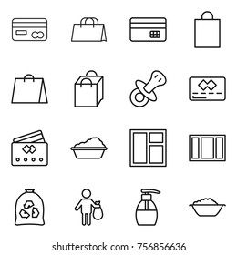 Thin line icon set : card, shopping bag, credit, nipple, washing, window, garbage, trash, liquid soap, foam basin
