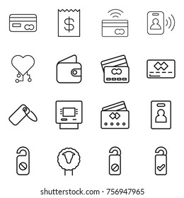 Thin line icon set : card, receipt, tap to pay, pass, cardio chip, wallet, credit, label, atm, identity, do not distrub, sheep, please clean