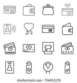 Thin line icon set : card, wallet, purse, tap to pay, pass, cardio chip, credit, atm, identity, do not distrub, sheep, please clean