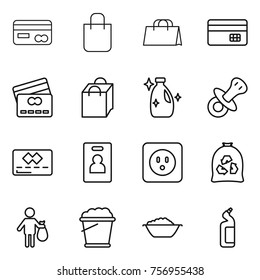 Thin line icon set : card, shopping bag, credit, cleanser, nipple, identity, power socket, garbage, trash, foam bucket, basin, toilet