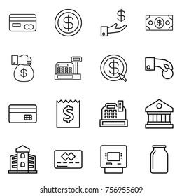 Thin line icon set : card, dollar, investment, money, gift, cashbox, arrow, hand coin, credit, receipt, library, building, atm, bank
