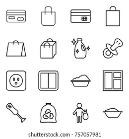 Thin line icon set : card, shopping bag, credit, cleanser, nipple, power socket, switch, washing, window, blender, garbage, trash, foam basin