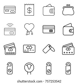 Thin line icon set : card, receipt, wallet, purse, tap to pay, cardio chip, credit, label, do not distrub, sheep, please clean