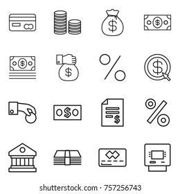 Thin line icon set : card, coin stack, money bag, gift, percent, dollar arrow, hand, account balance, library, credit, atm