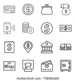 Thin line icon set : card, dollar, purse, money gift, phone pay, virtual mining, coin, receipt, pin, library, invoice, atm, credit, safe