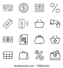 Thin line icon set : card, dollar, money, percent, sale, phone pay, basket, hand coin, account balance, purse, add to, market, shopping bag, credit