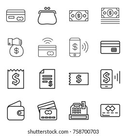 Thin line icon set : card, purse, money, gift, tap to pay, phone, credit, receipt, account balance, mobile, wallet, cashbox