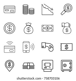 Thin line icon set : card, coin stack, crisis, dollar magnifier, money bag, gift, tap to pay, phone, hand, receipt, pin, atm, safe