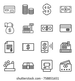 Thin line icon set : card, coin stack, dollar, money, gift, cashbox, credit, account balance, receipt, mobile pay, atm