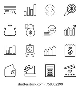Thin line icon set : card, graph, dollar, magnifier, purse, money gift, diagram, presentation, up, receipt, wallet, cashbox, calculator, credit