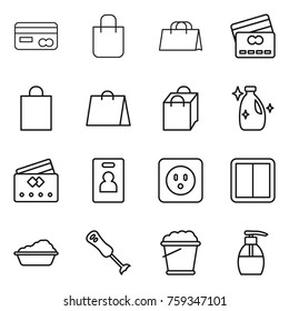 Thin line icon set : card, shopping bag, credit, cleanser, identity, power socket, switch, washing, blender, foam bucket, liquid soap