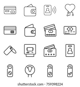 Thin line icon set : card, wallet, pass, cardio chip, credit, label, atm, identity, do not distrub, sheep, please clean