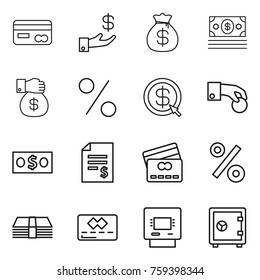 Thin line icon set : card, investment, money bag, gift, percent, dollar arrow, hand coin, account balance, credit, atm, safe