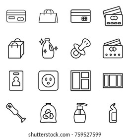 Thin line icon set : card, shopping bag, credit, cleanser, nipple, identity, power socket, window, blender, garbage, liquid soap, toilet