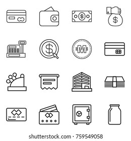 Thin line icon set : card, wallet, money, gift, cashbox, dollar arrow, crypto currency, credit, atm receipt, office, safe, bank