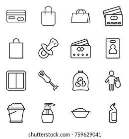 Thin line icon set : card, shopping bag, credit, nipple, identity, power switch, blender, garbage, trash, foam bucket, liquid soap, basin, toilet cleanser