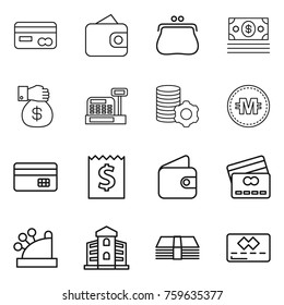 Thin line icon set : card, wallet, purse, money, gift, cashbox, virtual mining, crypto currency, credit, receipt, building