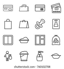 Thin line icon set : card, shopping bag, credit, nipple, identity, power switch, washing, window, garbage, trash, foam bucket, liquid soap, basin