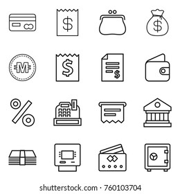 Thin line icon set : card, receipt, purse, money bag, crypto currency, account balance, wallet, percent, cashbox, atm, library, credit, safe