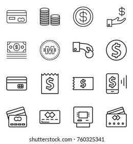 Thin line icon set : card, coin stack, dollar, investment, money, crypto currency, hand, credit, receipt, mobile pay, atm