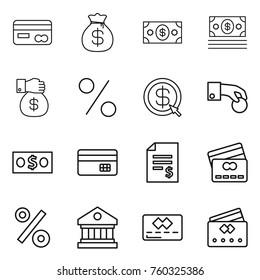Thin line icon set : card, money bag, gift, percent, dollar arrow, hand coin, credit, account balance, library