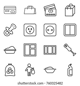 Thin line icon set : card, shopping bag, credit, nipple, power socket, switch, washing, window, blender, garbage, trash, foam basin, toilet cleanser