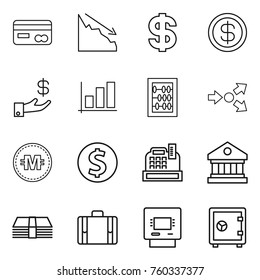 Thin line icon set : card, crisis, dollar, investment, graph, abacus, core splitting, crypto currency, coin, cashbox, library, money, suitcase, atm, safe