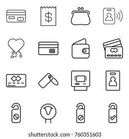 Thin line icon set : card, receipt, purse, pass, cardio chip, credit, wallet, label, atm, identity, do not distrub, sheep, please clean