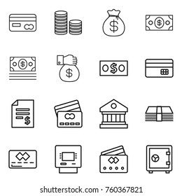 Thin line icon set : card, coin stack, money bag, gift, credit, account balance, library, atm, safe
