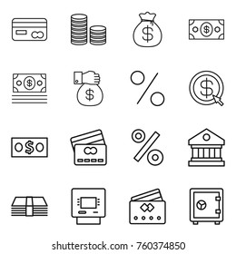 Thin line icon set : card, coin stack, money bag, gift, percent, dollar arrow, credit, library, atm, safe