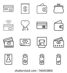 Thin line icon set : card, receipt, wallet, purse, tap to pay, cardio chip, credit, atm, identity, do not distrub, please clean