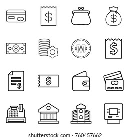 Thin line icon set : card, receipt, purse, money bag, virtual mining, crypto currency, account balance, wallet, credit, cashbox, library, building, atm