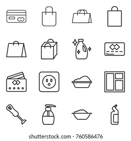 Thin line icon set : card, shopping bag, cleanser, credit, power socket, washing, window, blender, liquid soap, foam basin, toilet