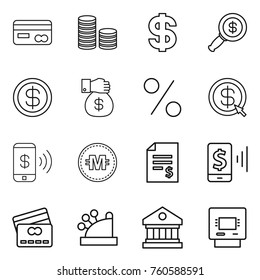 Thin line icon set : card, coin stack, dollar, magnifier, money gift, percent, arrow, phone pay, crypto currency, account balance, mobile, credit, cashbox, library, atm