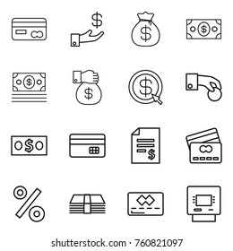 Thin line icon set : card, investment, money bag, gift, dollar arrow, hand coin, credit, account balance, percent, atm