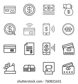 Thin line icon set : card, dollar, money, gift, arrow, tap to pay, phone, crypto currency, credit, account balance, mobile, cashbox, atm